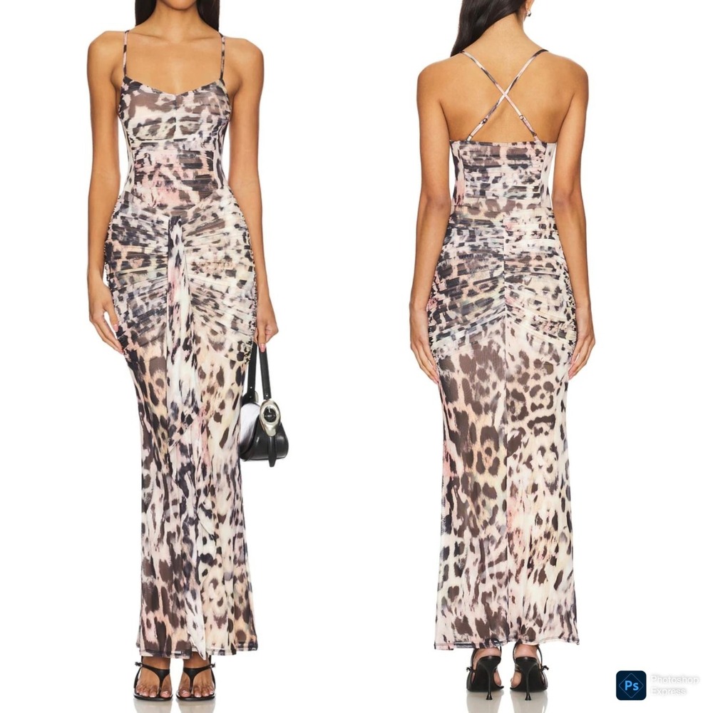 Revolve AFRM Azula Dress in Warm Leopard Mesh Ruched Bodycon Size Medium NWT